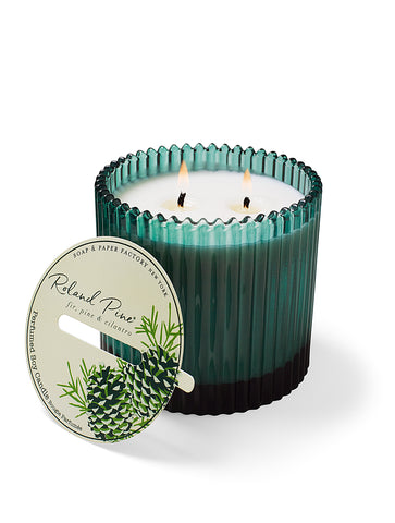 Roland Pine Two-Wick Forest Green Ribbed Glass Candle